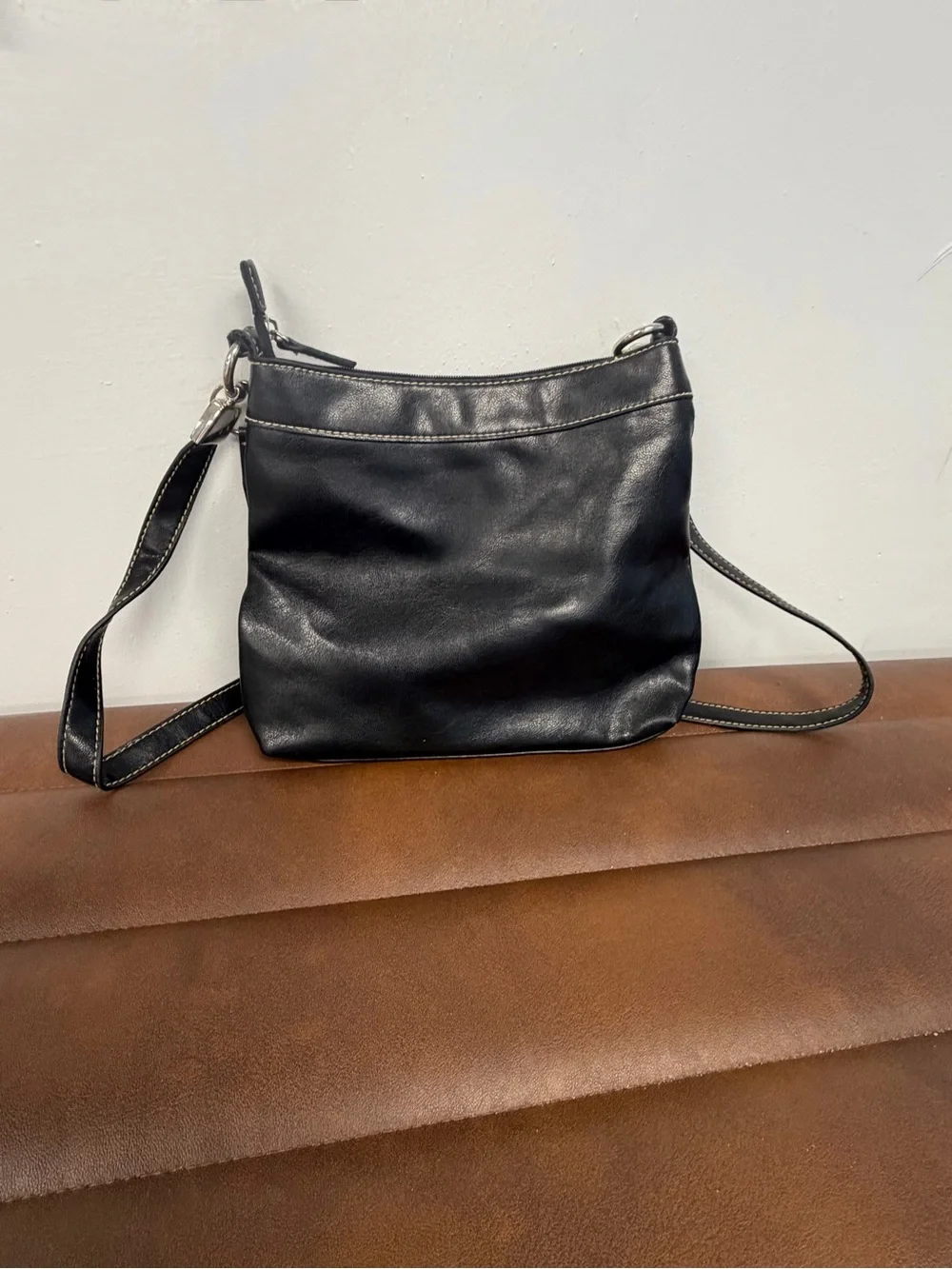 Liz Claiborne Black Leather Crossbody with Contrast Stitching